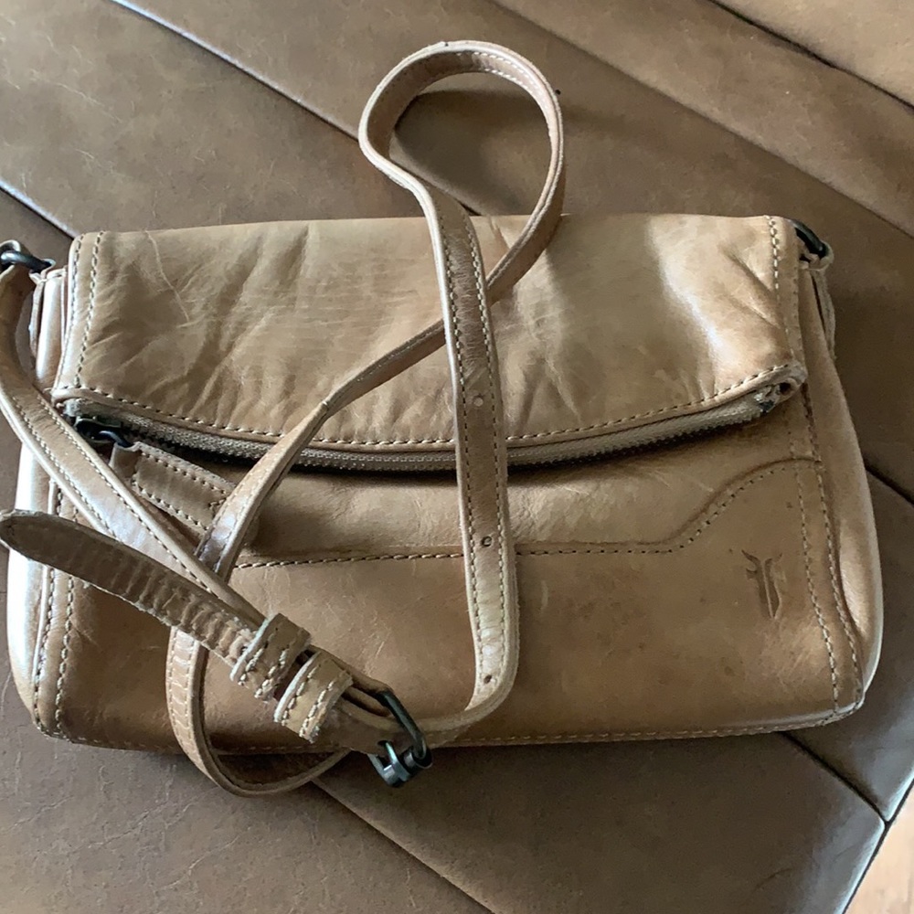 Frye Melissa Tan Leather Foldover Crossbody.